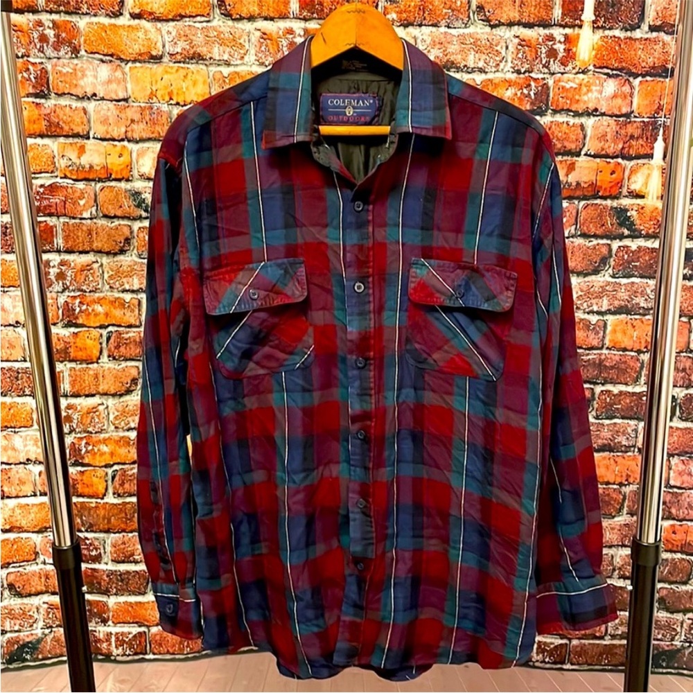 Coleman Outdoors medium men's vintage soft flannel shirt plaid pockets camping
